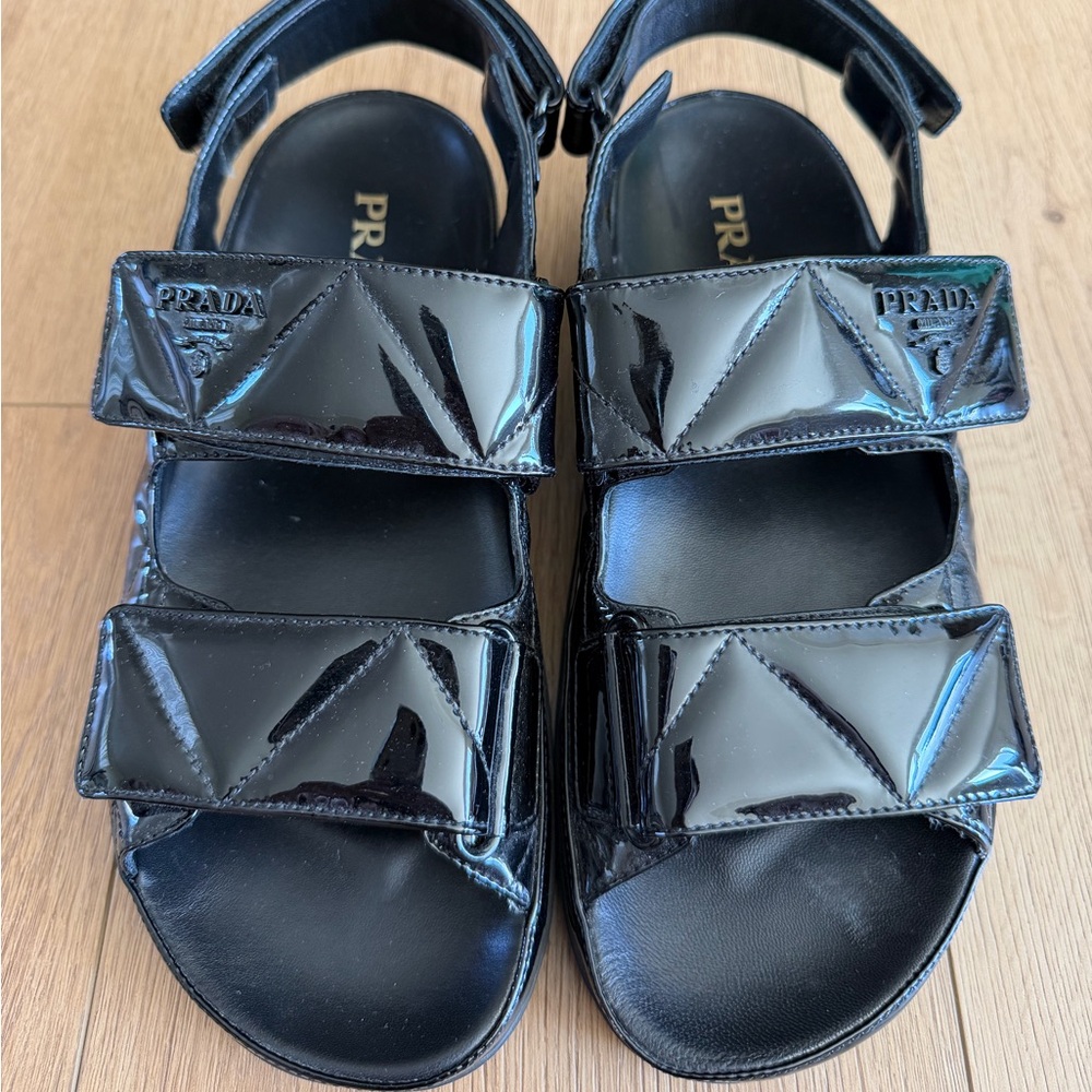 Prada Black Patent Leather Velcro Sandals